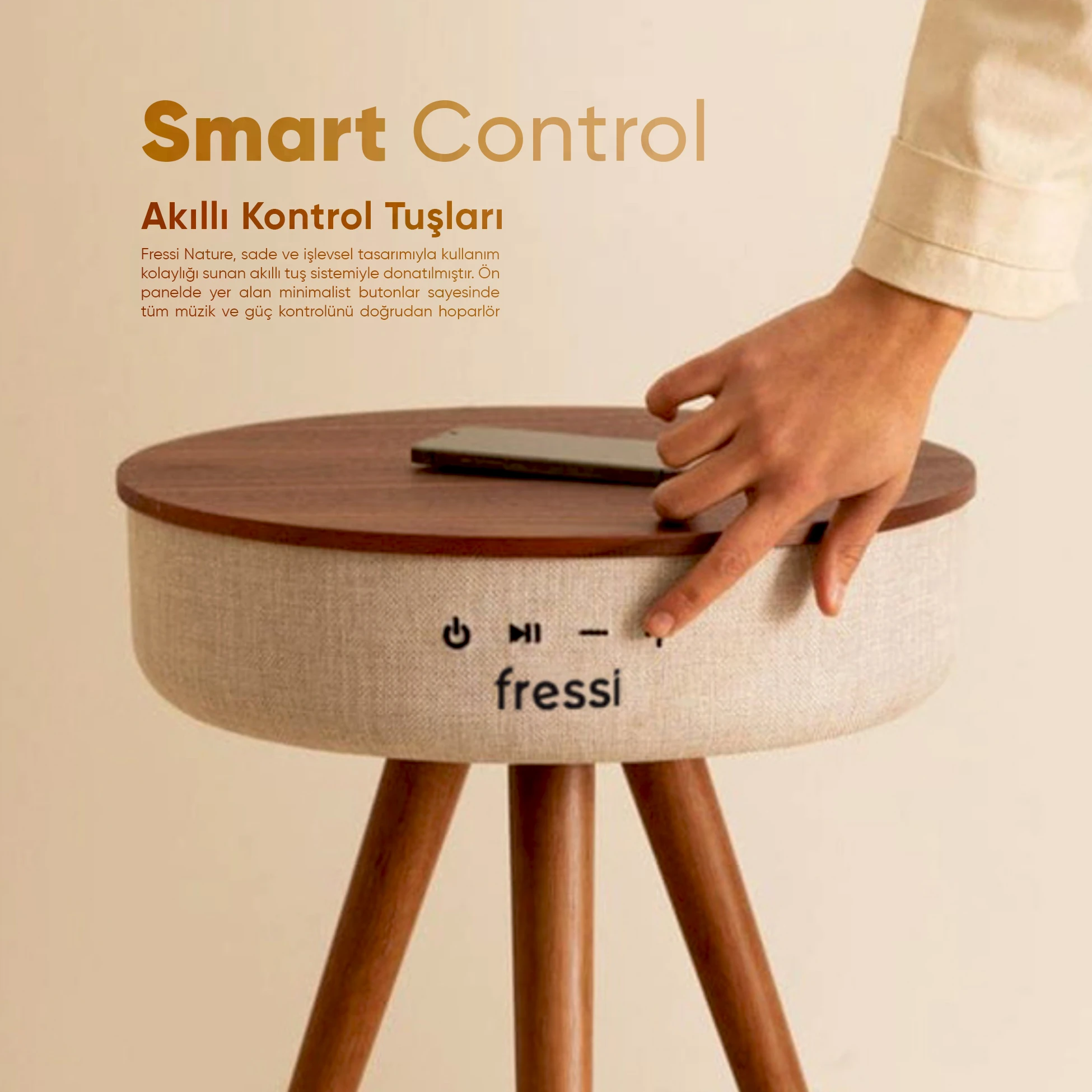 Bluetooth Hoparlör Hızlı Şarj Destekli Ahşap Ayaklı Kablolu Sehpa Speaker Fr-sh2502 Nature