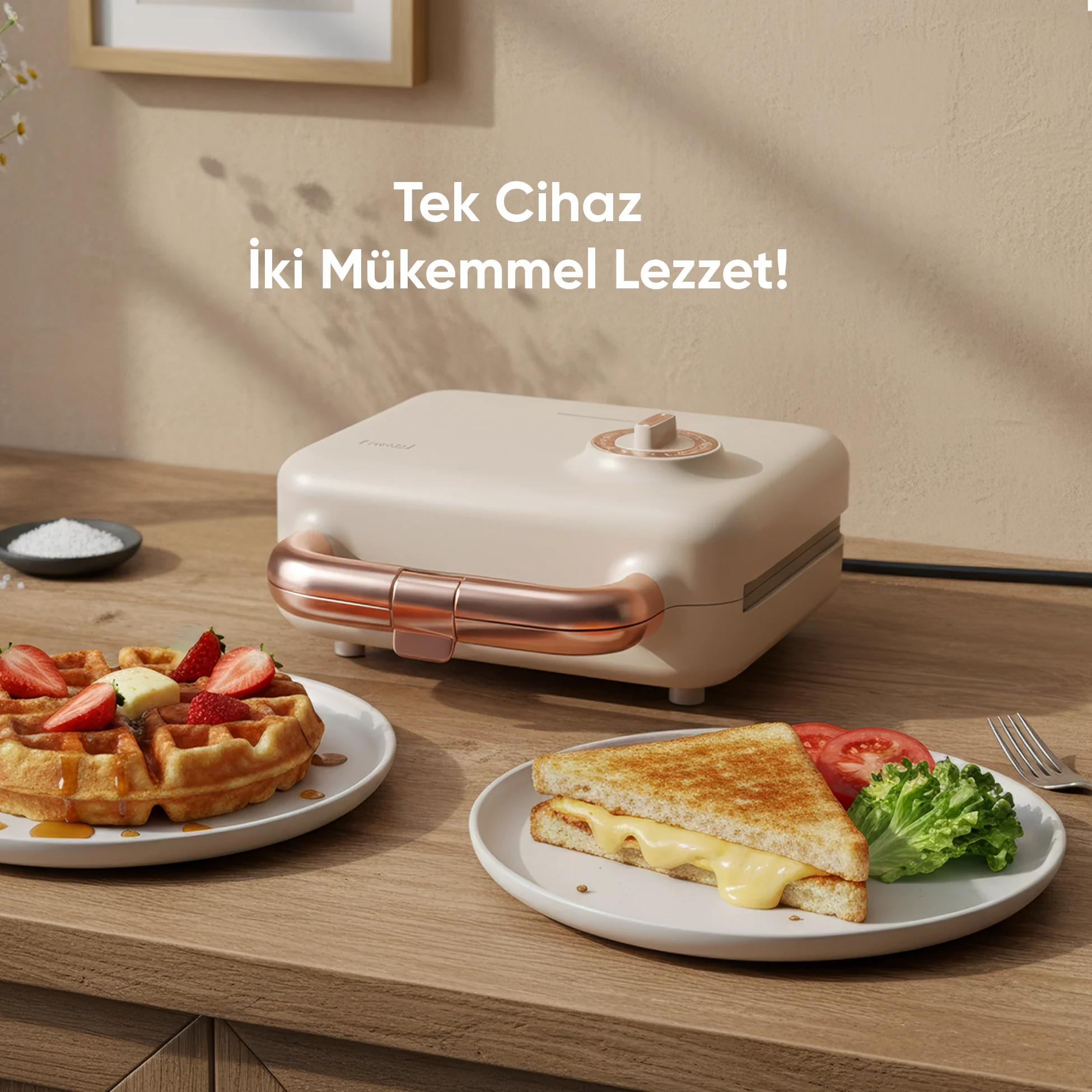 FR-TM51 Triochef Çıkarılabilir Yapışmaz Plakalı Ikili Waffle Ve Tost Makinesi