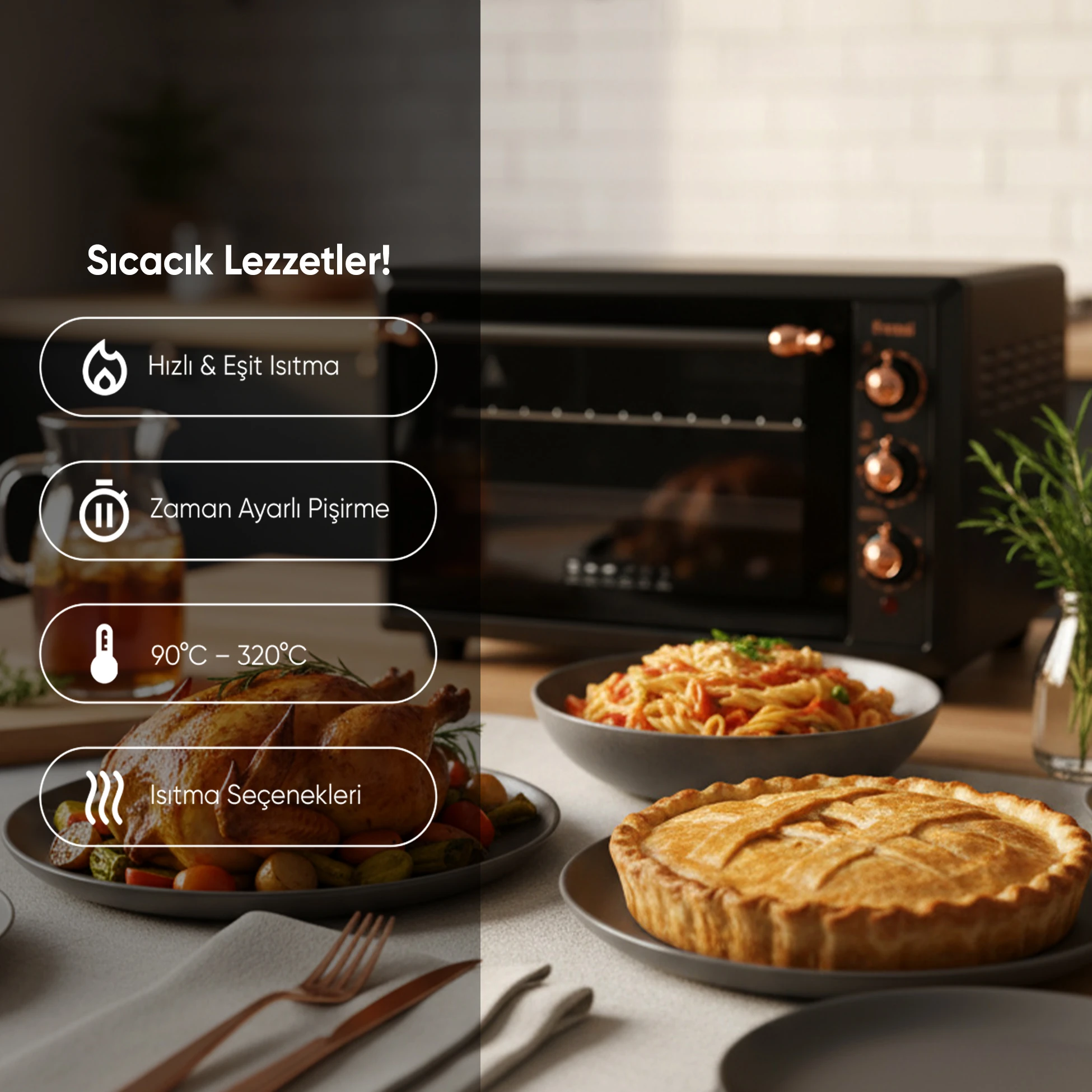 FR-MF01 Vintage Retro Turbo, Lambalı, Termostatlı, Saatli Midi Fırın - Siyah