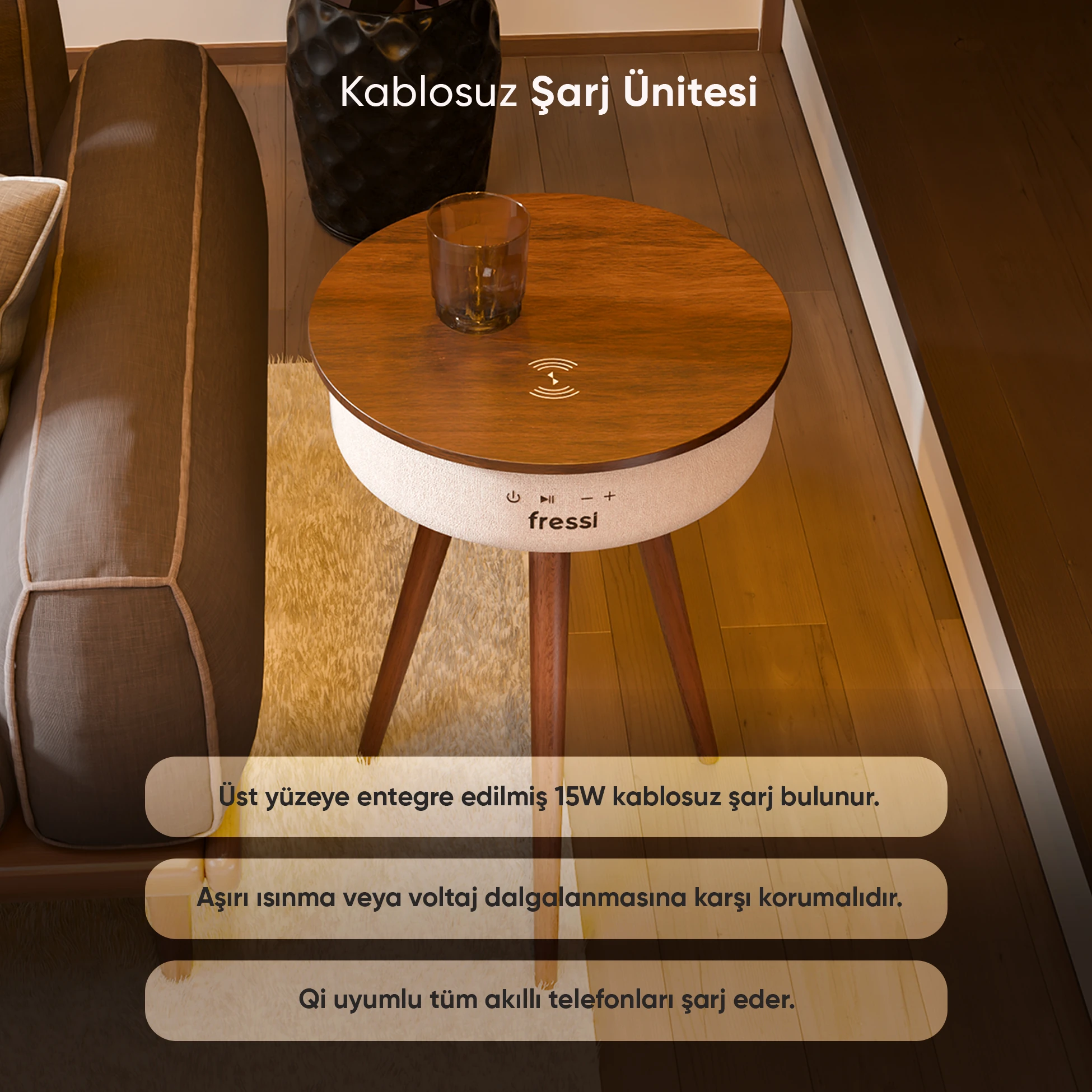 Bluetooth Hoparlör Hızlı Şarj Destekli Ahşap Ayaklı Kablolu Sehpa Speaker Fr-sh2502 Nature