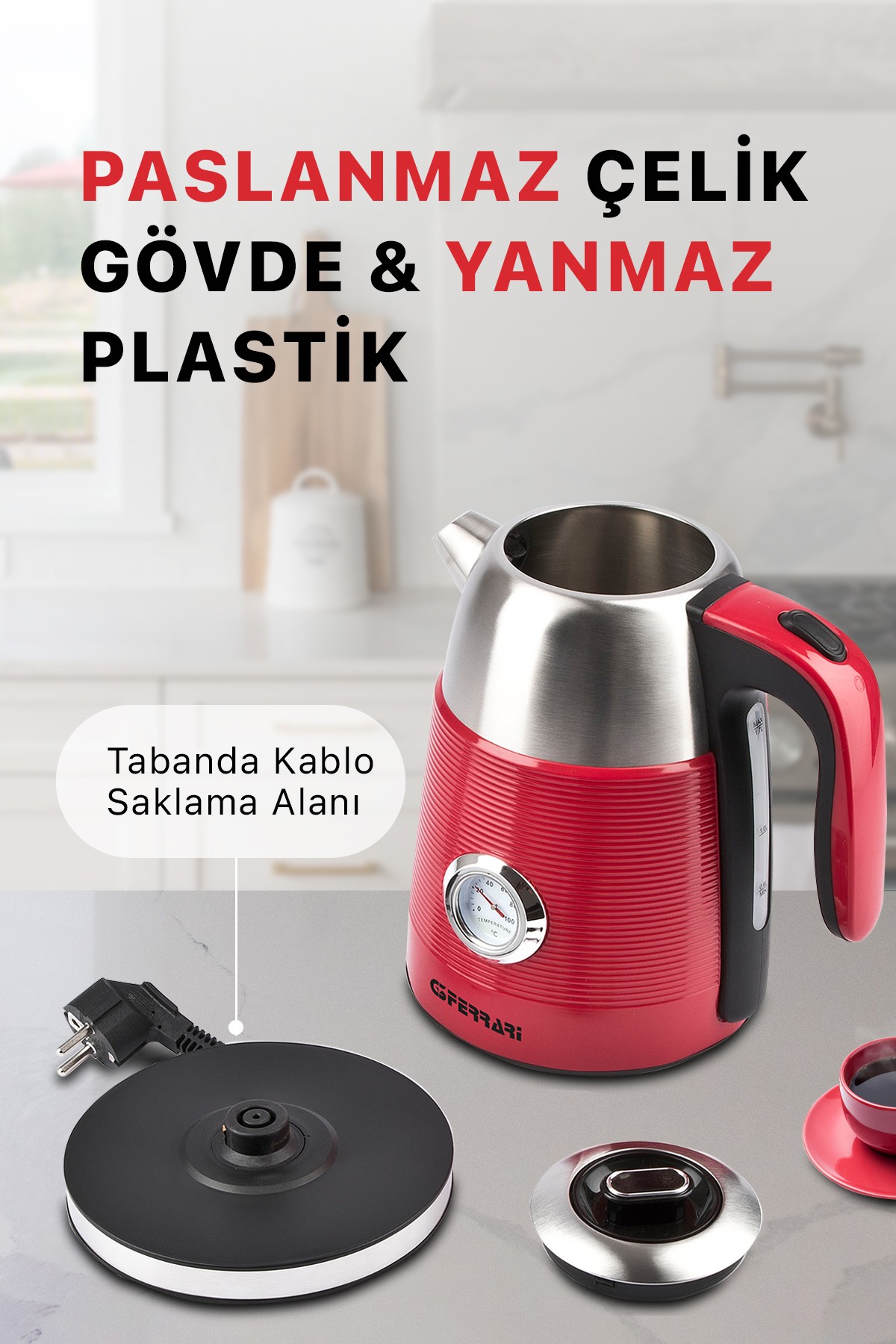 G3ferrari G10149 2200W 1,7 Lt Kırmızı Kettle Kablosuz Su Isıtıcısı                             