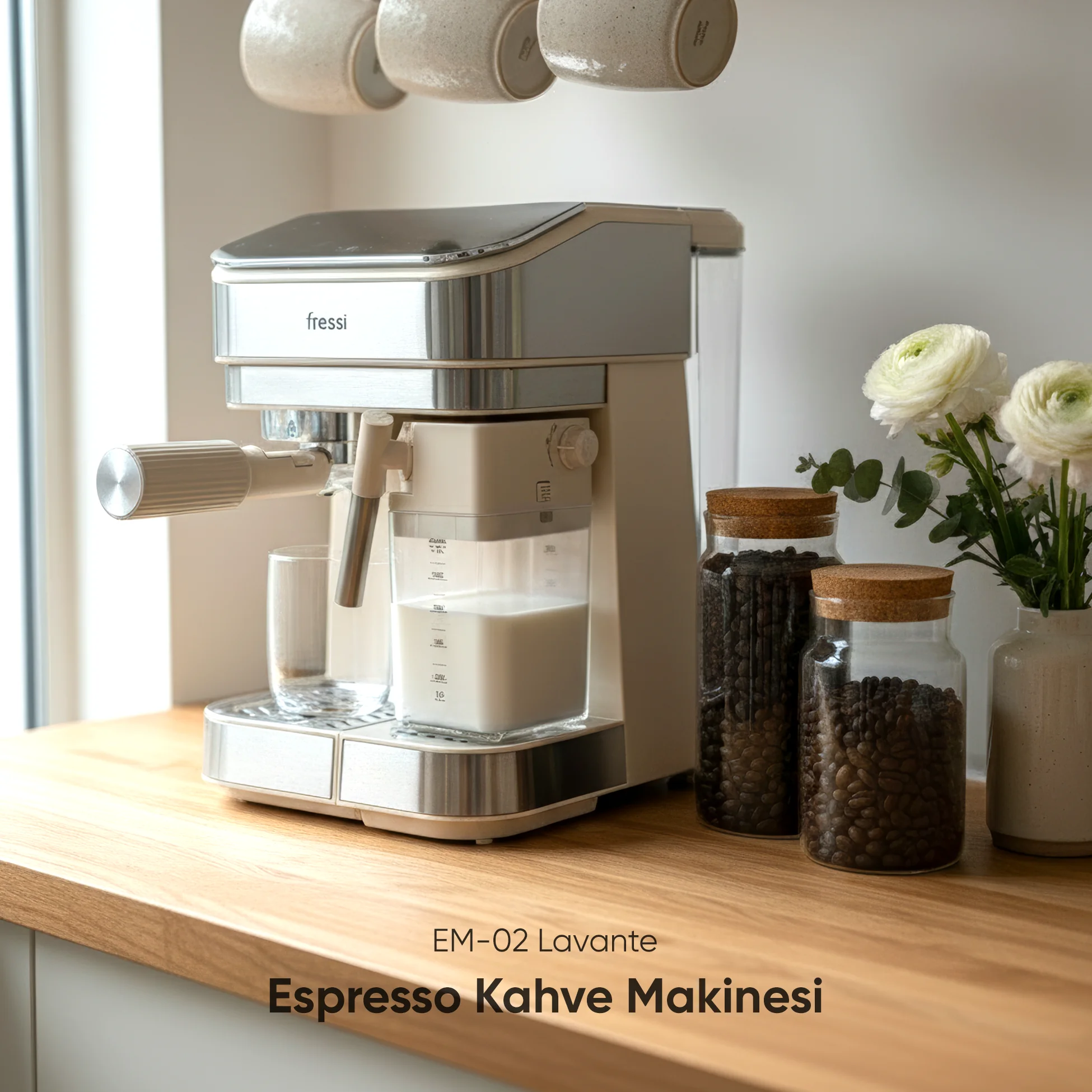 EM-02 Lavante 1,5L 20Bar Tam Otomatik Kahve Krem Espresso Makinesi