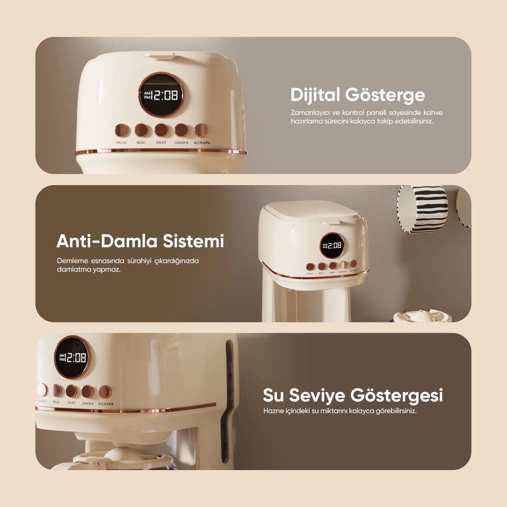 Dijital Göstergeli Krem Filtre Kahve Makinesi FR-FC09 Velluto