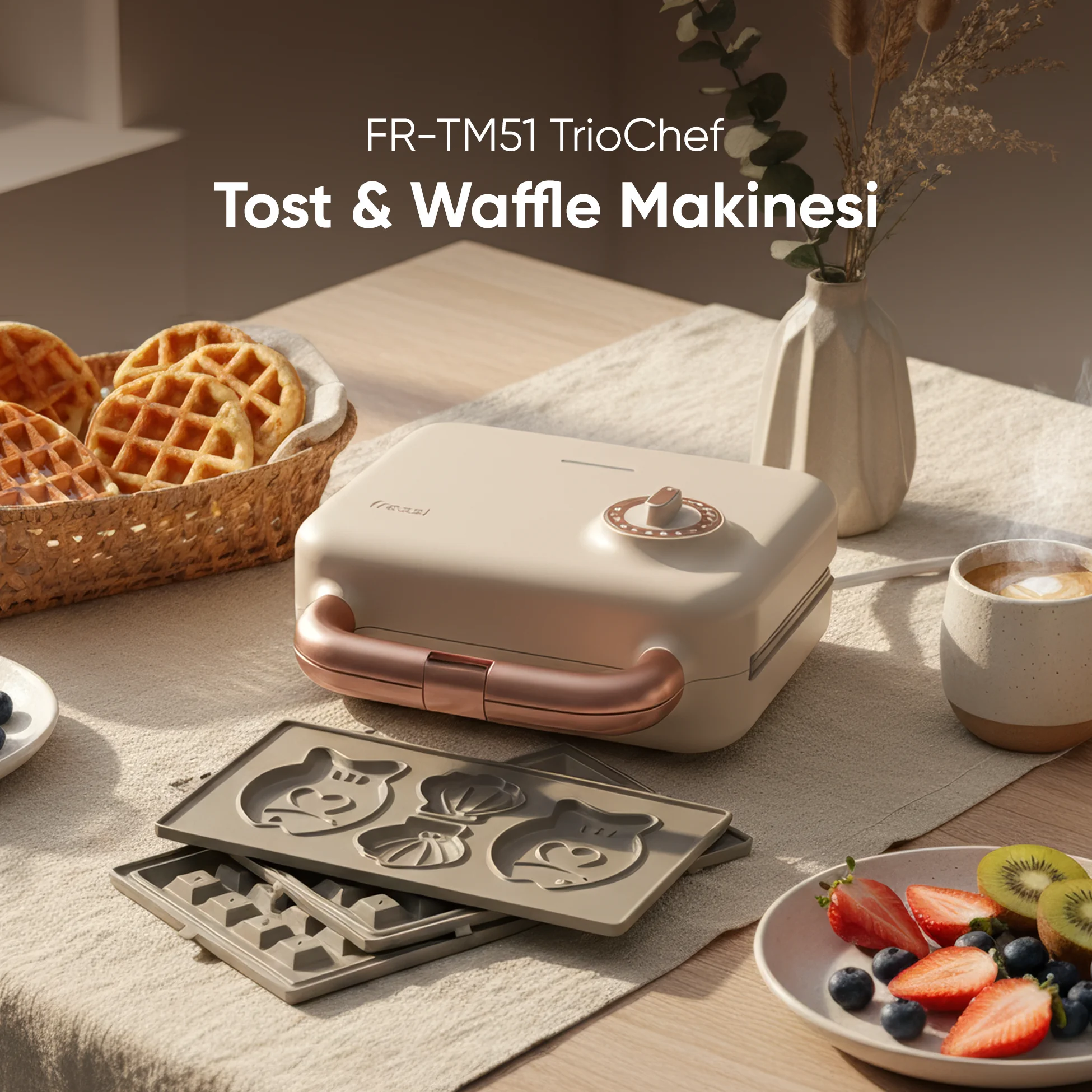 FR-TM51 Triochef Çıkarılabilir Yapışmaz Plakalı Ikili Waffle Ve Tost Makinesi