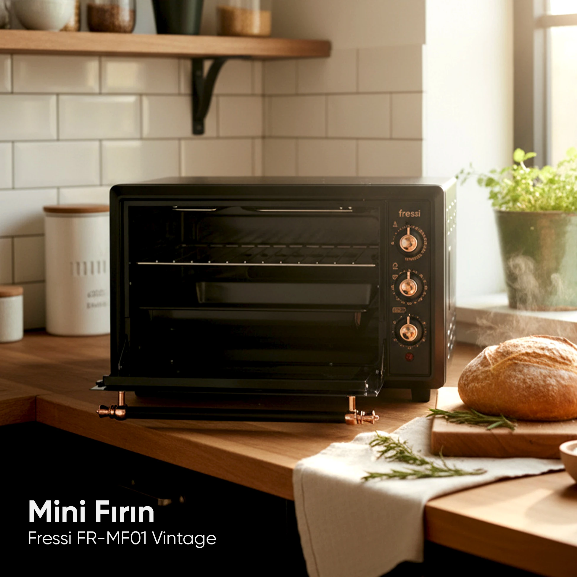 FR-MF01 Vintage Retro Turbo, Lambalı, Termostatlı, Saatli Midi Fırın - Siyah