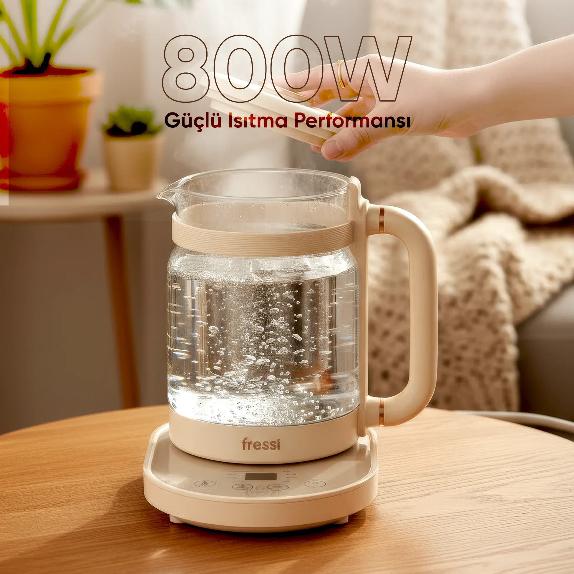 FR-KT04 1,6L 800W Dijital Göstergeli Elektrikli Cam Su Isıtıcısı Kettle Bitki Çayı Makinesi