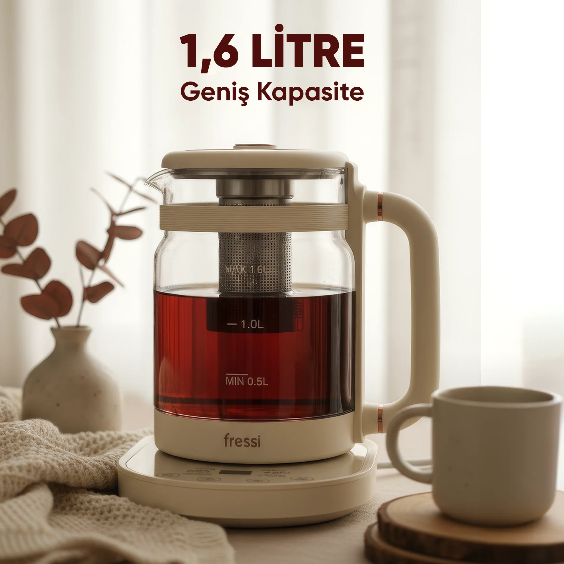 FR-KT04 1,6L 800W Dijital Göstergeli Elektrikli Cam Su Isıtıcısı Kettle Bitki Çayı Makinesi