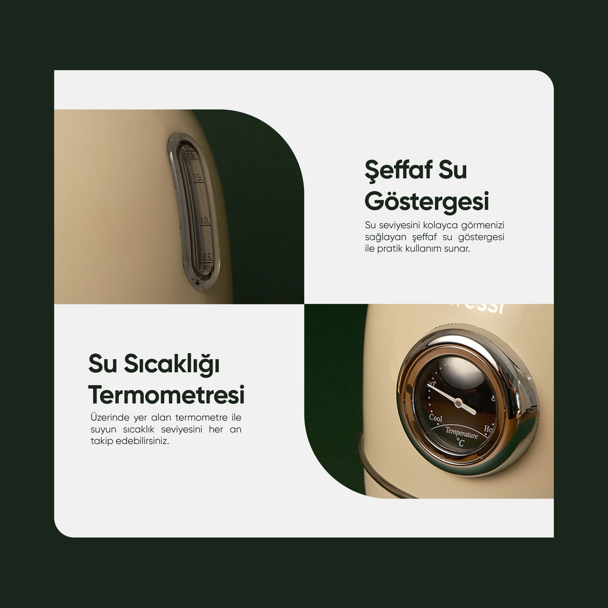 FR-KT06 Magnoli 1,8L Isı Göstergeli Kettle Su Isıtıcısı