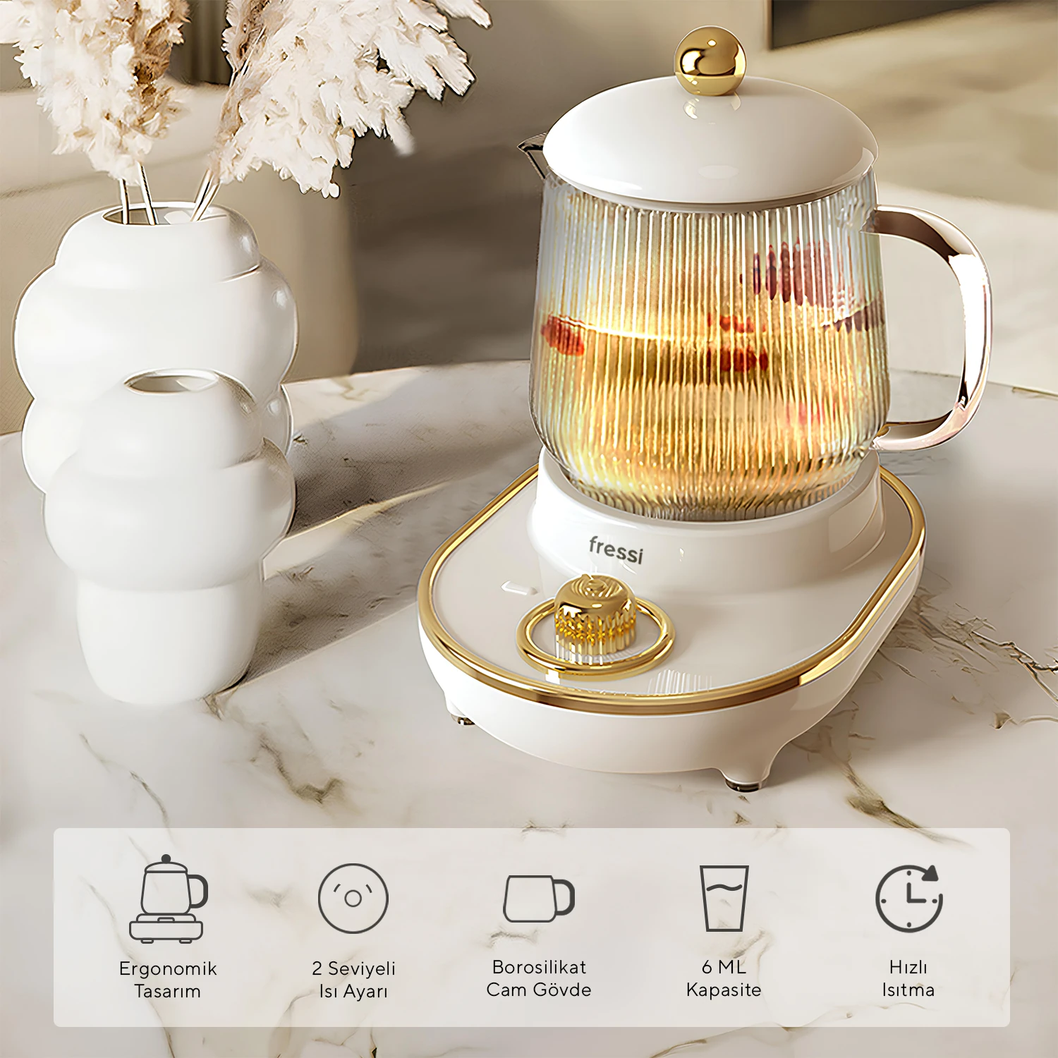 YSB-GC03 Venice 600ml Elektrikli Çok Fonksiyonlu Cam Su Isıtıcı Kettle Bitki Çayı Makinesi - Beyaz