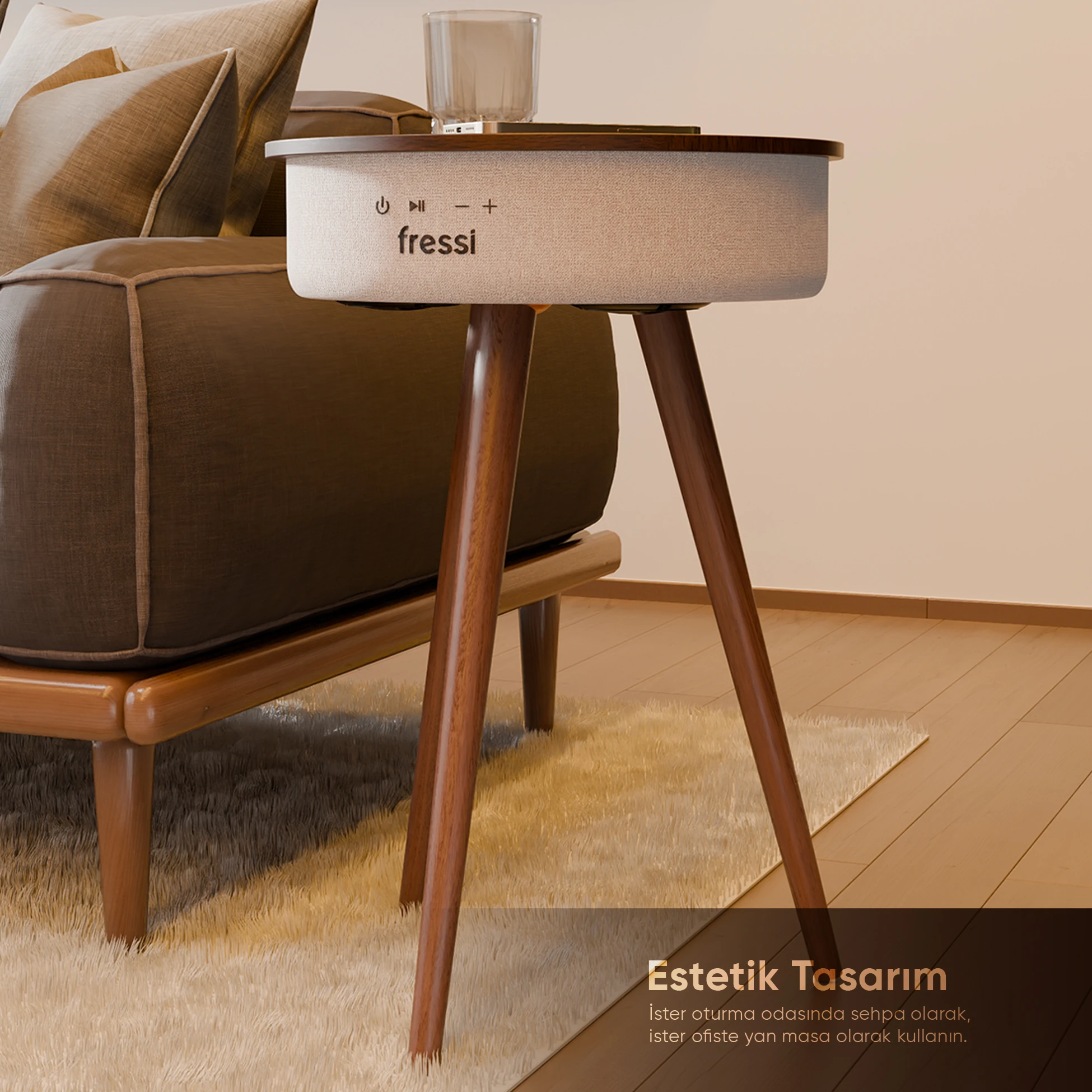 Bluetooth Hoparlör Hızlı Şarj Destekli Ahşap Ayaklı Kablolu Sehpa Speaker Fr-sh2502 Nature