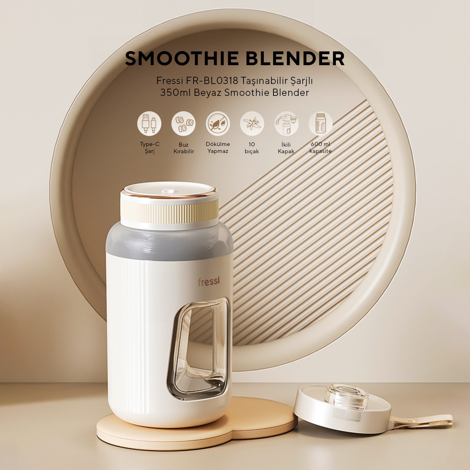 FR-BL07 Taşınabilir Şarjlı 80w 600ml Öğütücü Fonksiyonlu Beyaz Kişisel Smoothie Blender