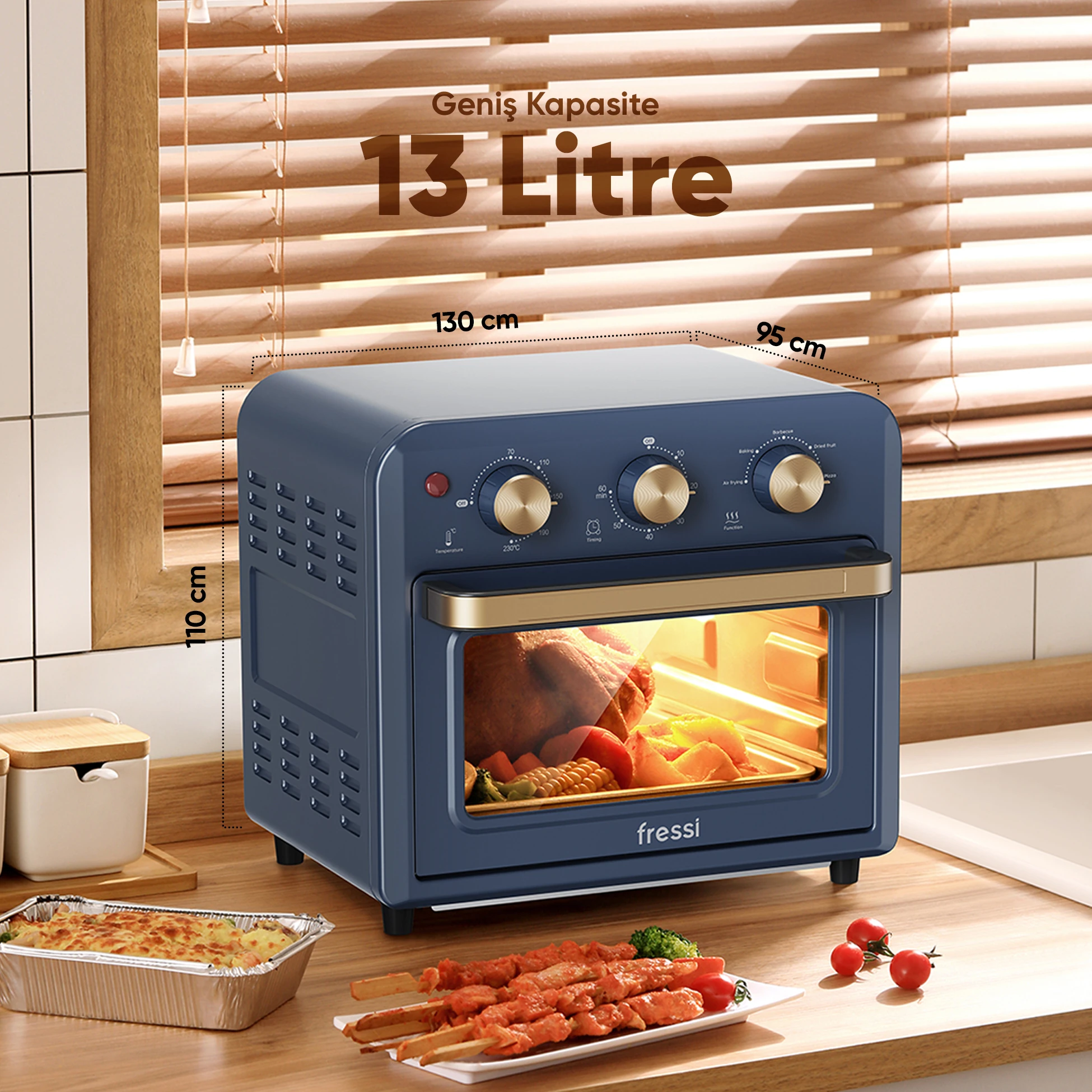 AF-01 Çok Fonksiyonlu Süre Ayarlamalı 13 Litre Xxxl Sıcak Hava Fritözü Akıllı Kore Fırını Airfryer - Lacivert