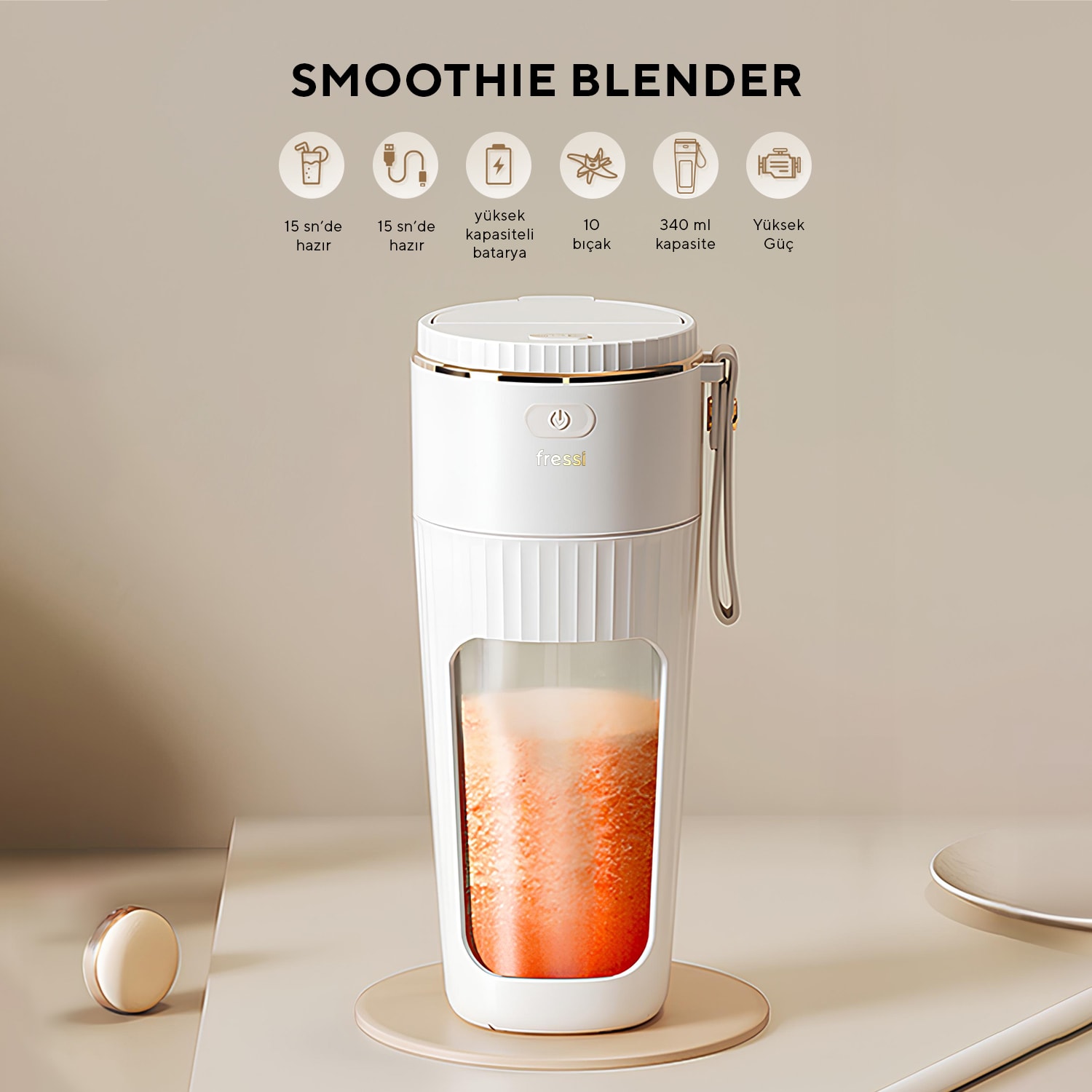 FR-BL0318 Taşınabilir Şarjlı 80 W 350ml Öğütücü Fonksiyonlu Krem Kişisel Smoothie Blender