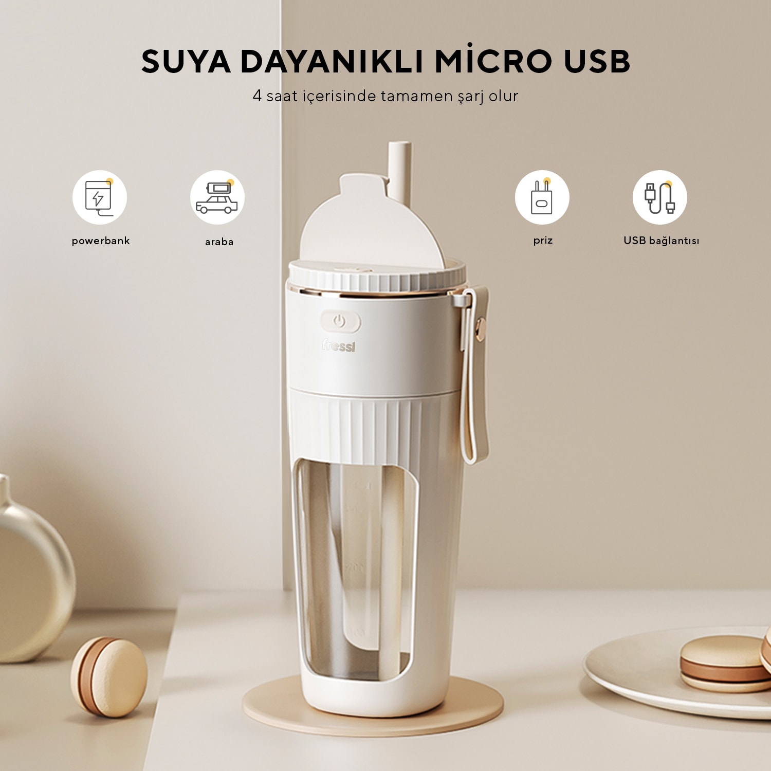 FR-BL0318 Taşınabilir Şarjlı 80 W 350ml Öğütücü Fonksiyonlu Krem Kişisel Smoothie Blender