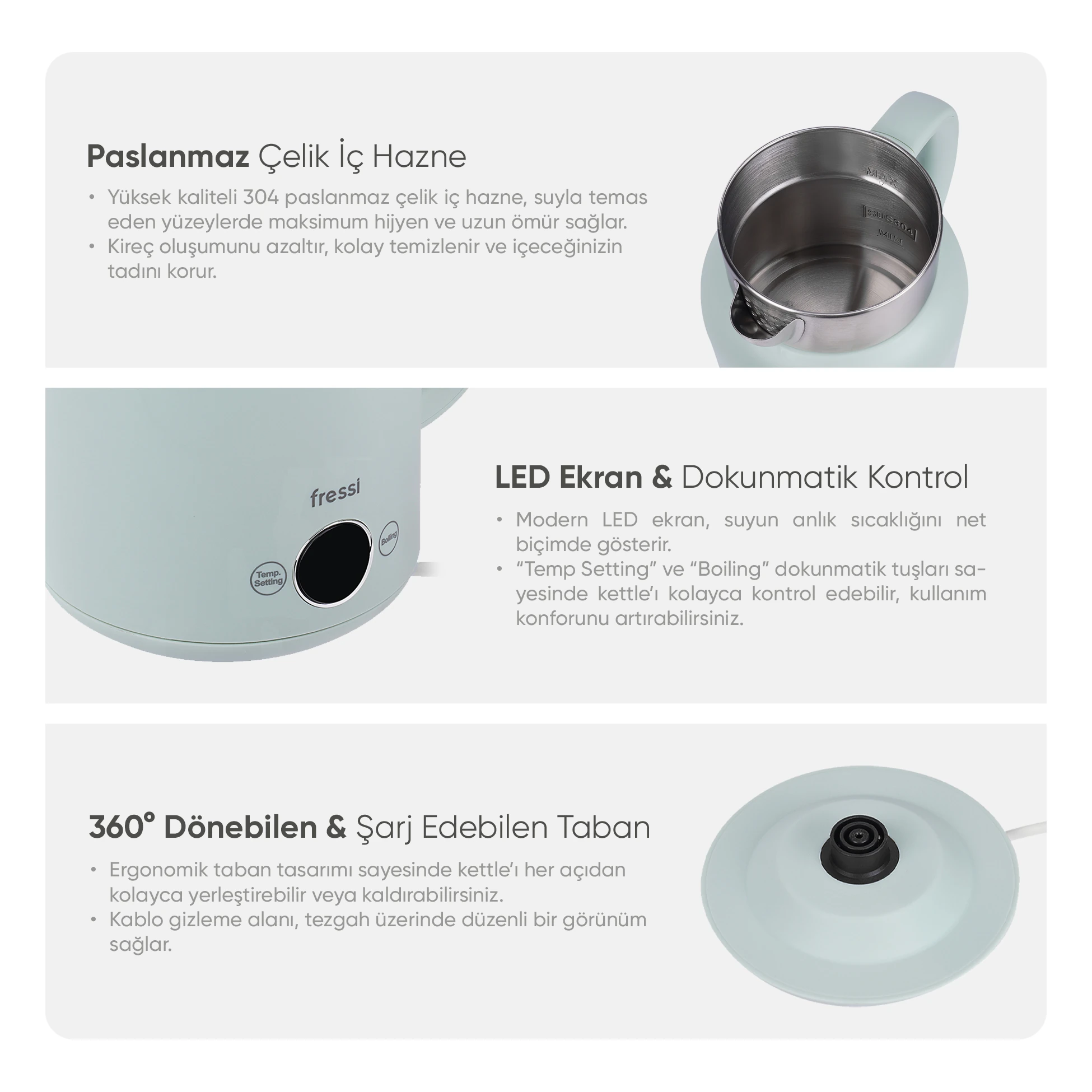 KT-01 Retrofi Su Yeşili 1.5 L Retro Elektrikli Kettle