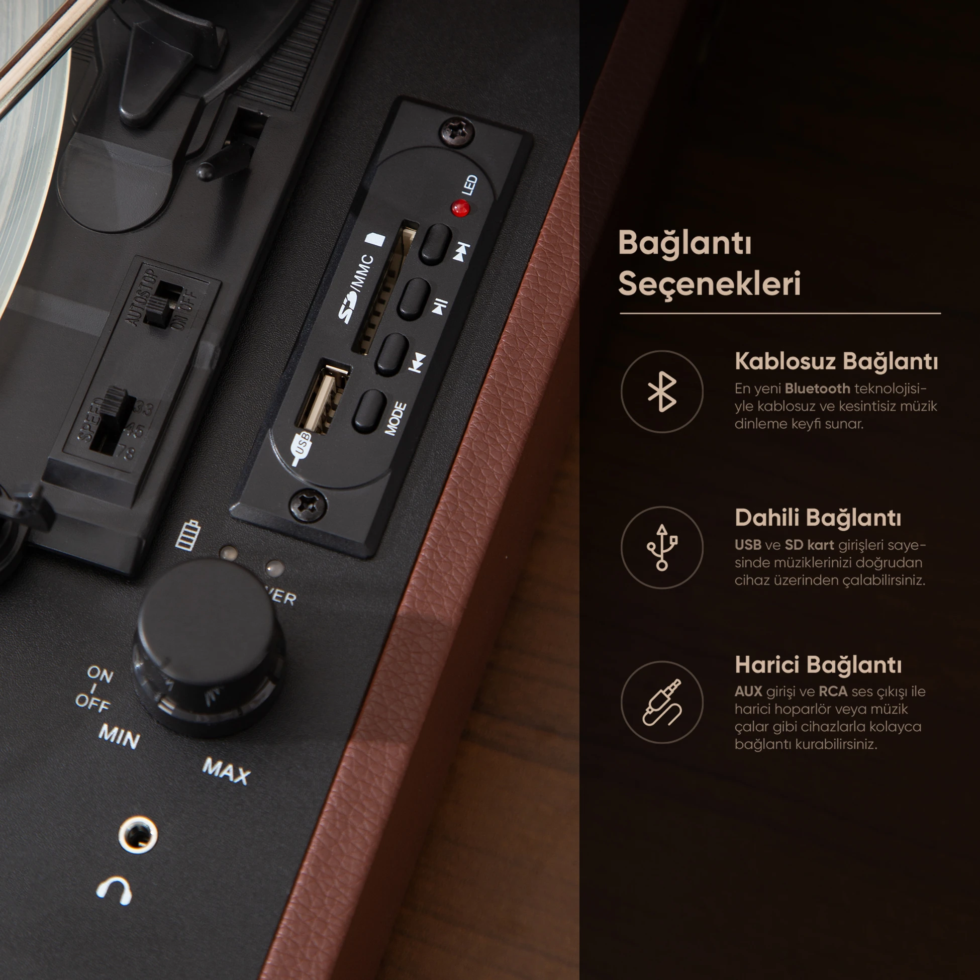 FR-P101 Zenitte Dahili Hoparlörlü Pikap Müzik Kutusu Usb+Rca+Bluetooth 