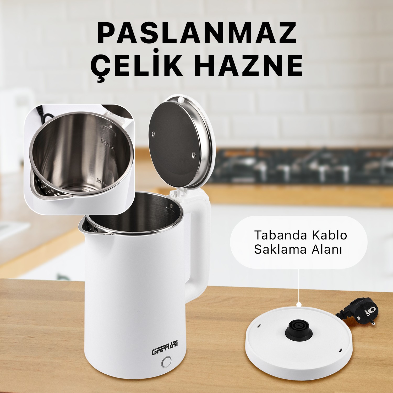 G3ferrari G10158 1,8L 1500W Beyaz Kettle Kablosuz Su Isıtıcısı