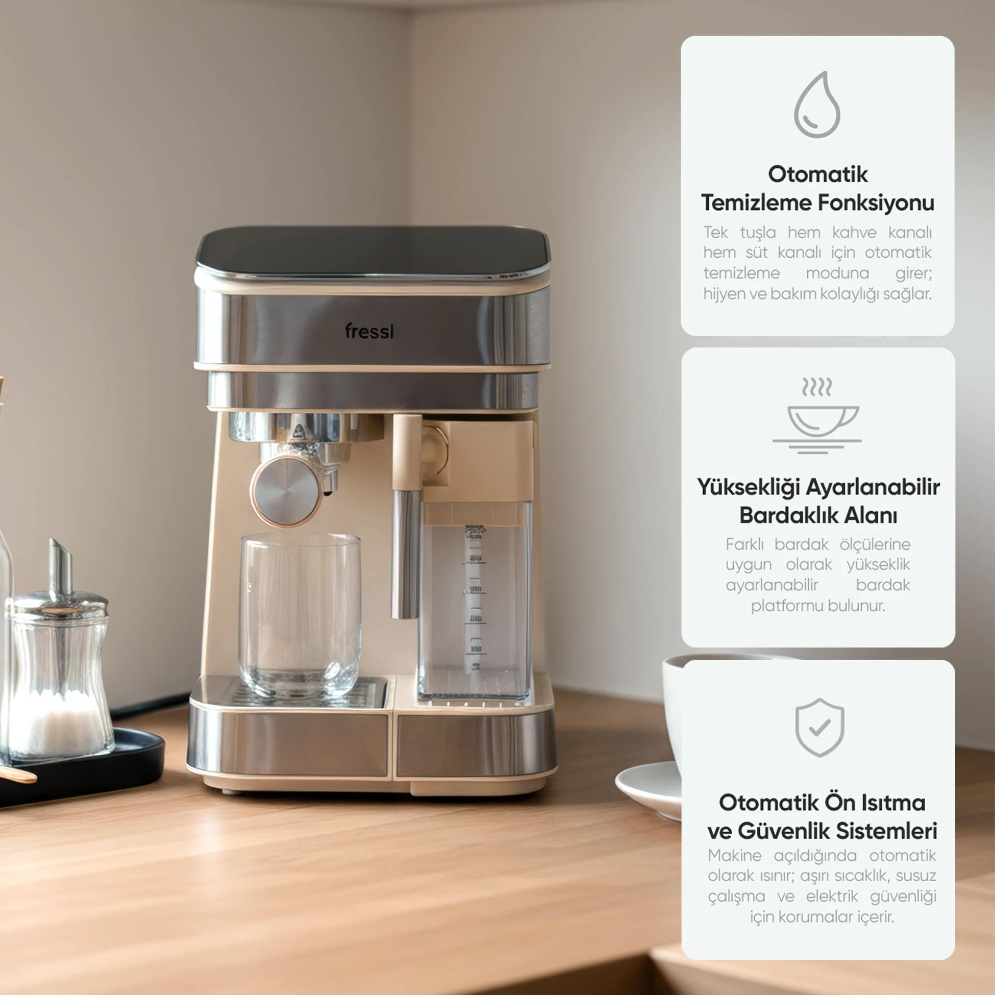 EM-02 Lavante 1,5L 20Bar Tam Otomatik Kahve Krem Espresso Makinesi