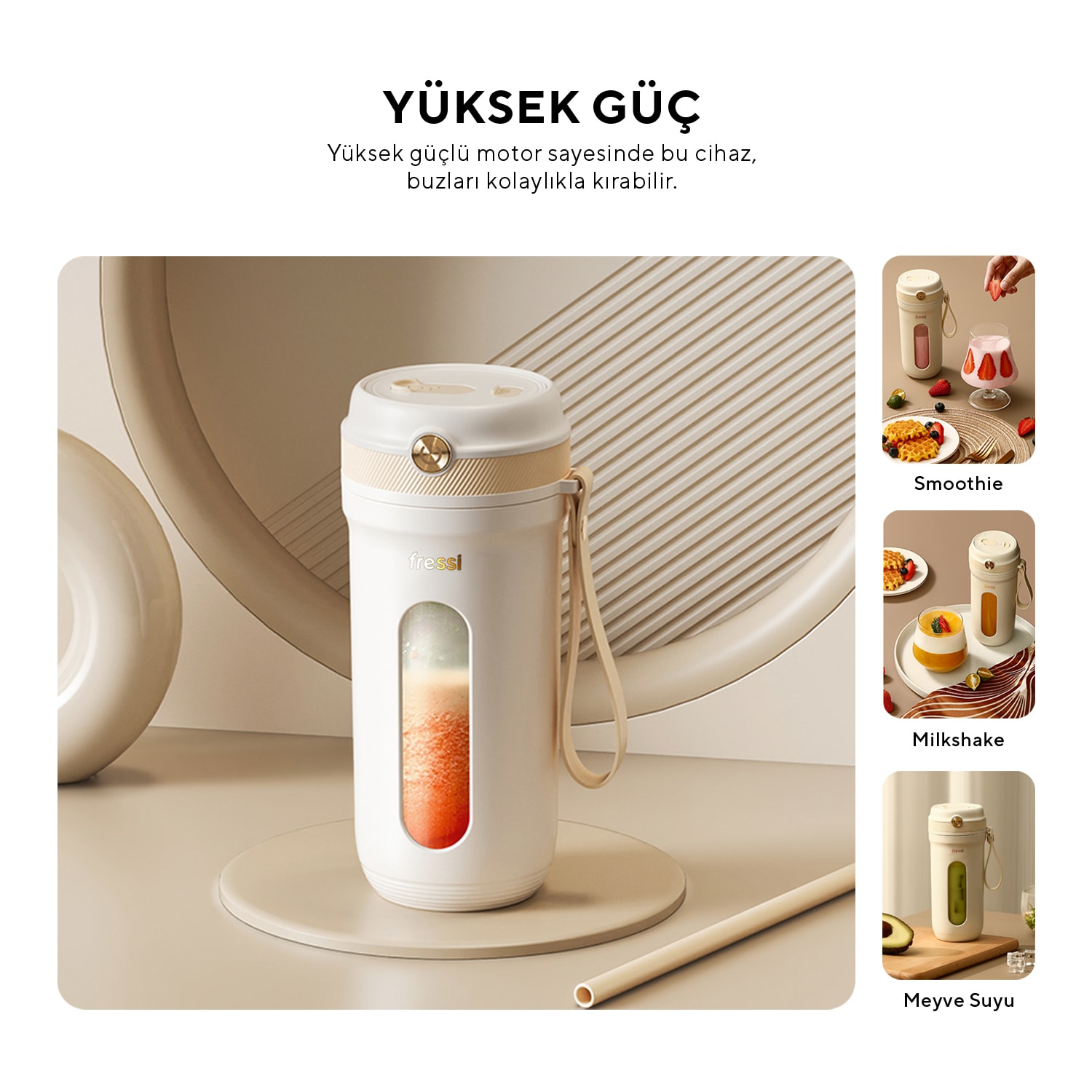 FR-BL03 Taşınabilir Şarjlı 80 W 350ml Öğütücü Fonksiyonlu Krem Kişisel Smoothie Blender
