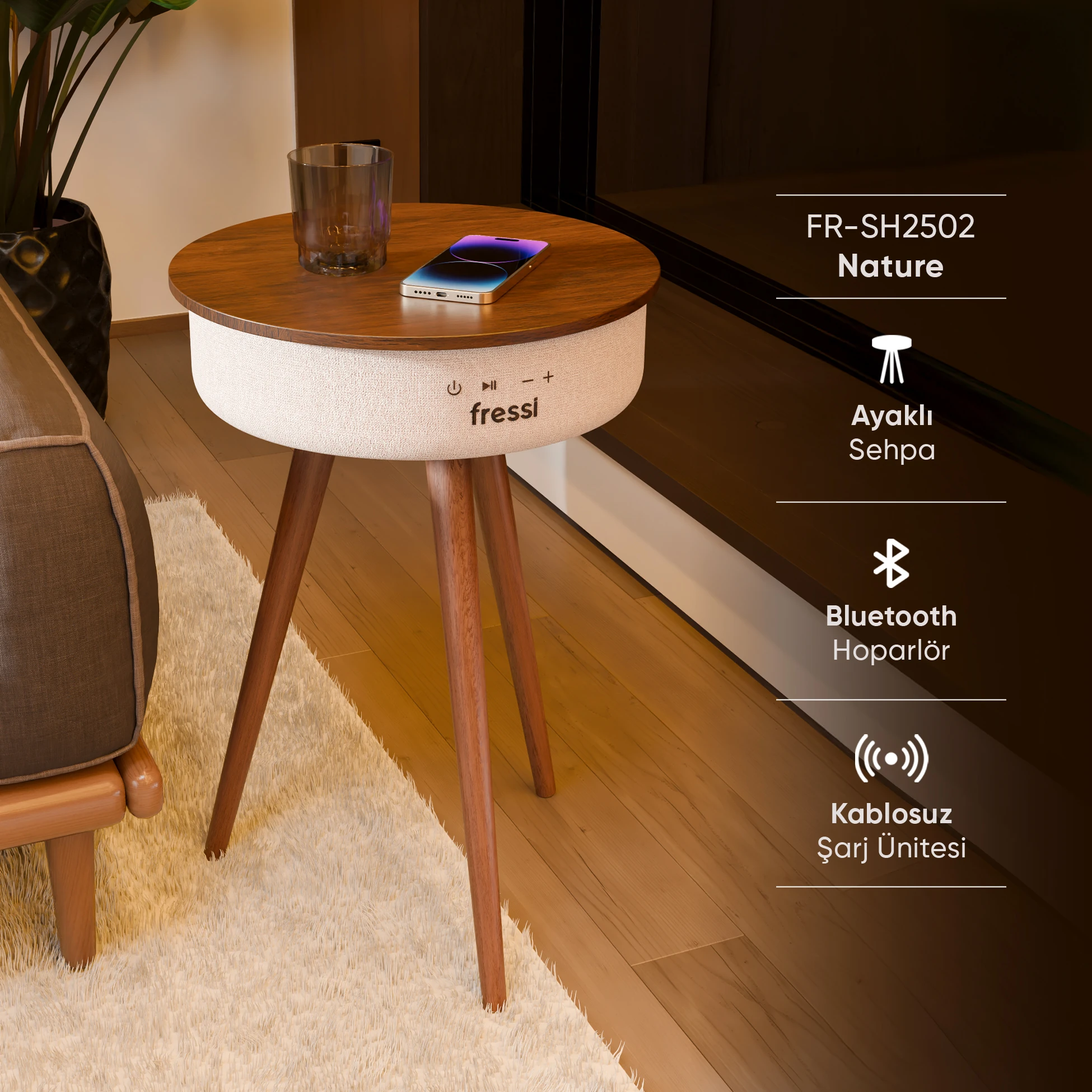 Bluetooth Hoparlör Hızlı Şarj Destekli Ahşap Ayaklı Kablolu Sehpa Speaker Fr-sh2502 Nature