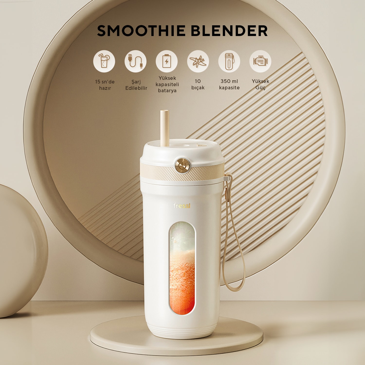 FR-BL03 Taşınabilir Şarjlı 80 W 350ml Öğütücü Fonksiyonlu Krem Kişisel Smoothie Blender