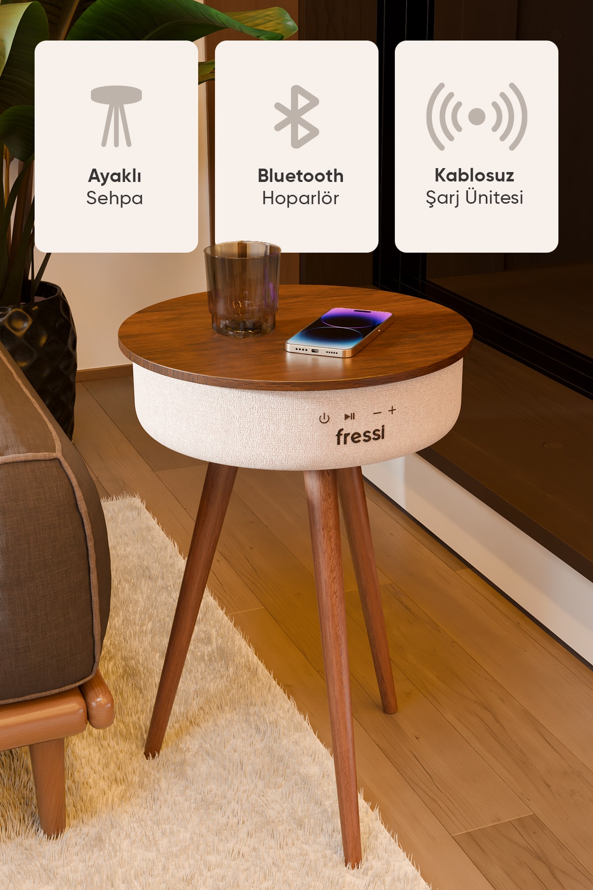 Bluetooth Hoparlör Hızlı Şarj Destekli Ahşap Ayaklı Kablolu Sehpa Speaker Fr-sh2502 Nature