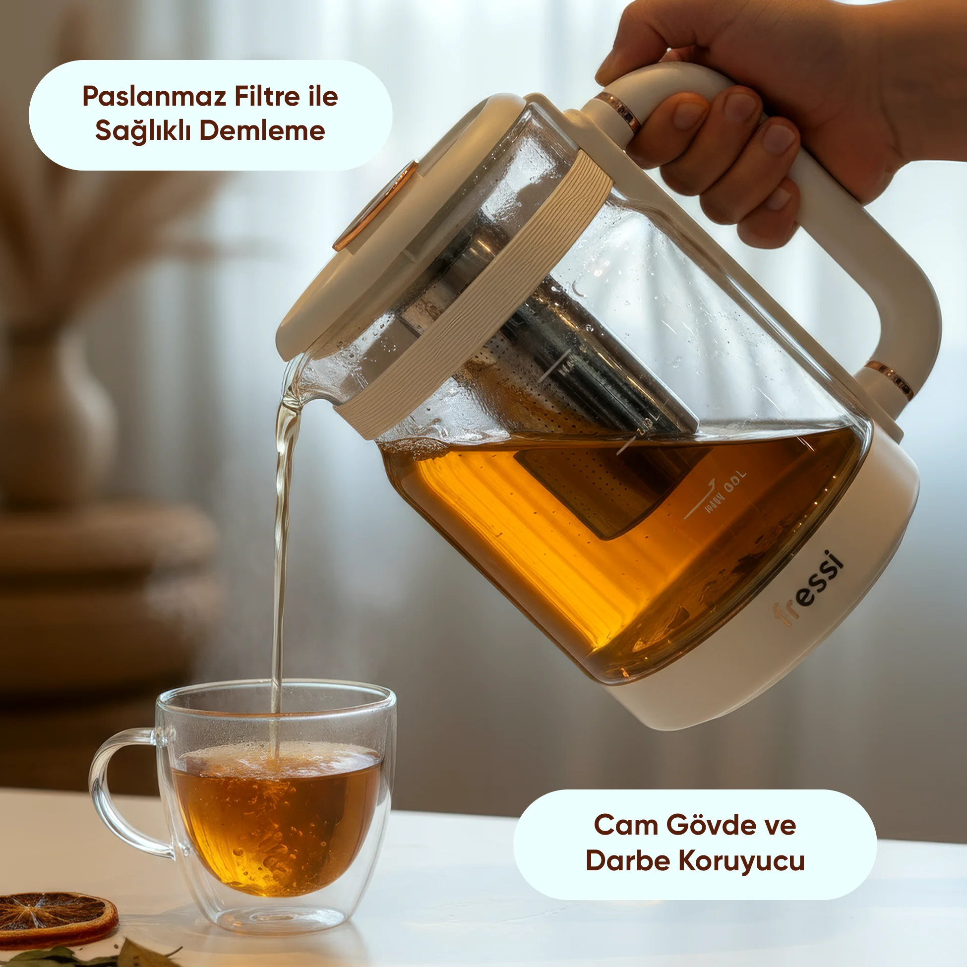 FR-KT04 1,6L 800W Dijital Göstergeli Elektrikli Cam Su Isıtıcısı Kettle Bitki Çayı Makinesi