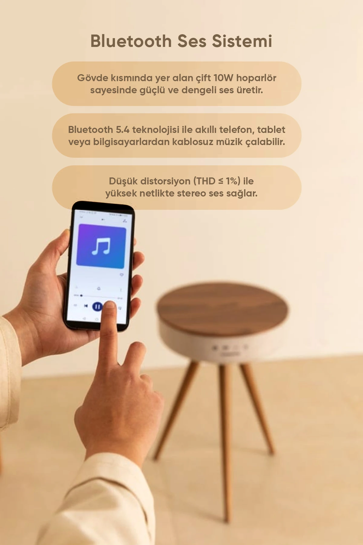 Bluetooth Hoparlör Hızlı Şarj Destekli Ahşap Ayaklı Kablolu Sehpa Speaker Fr-sh2502 Nature