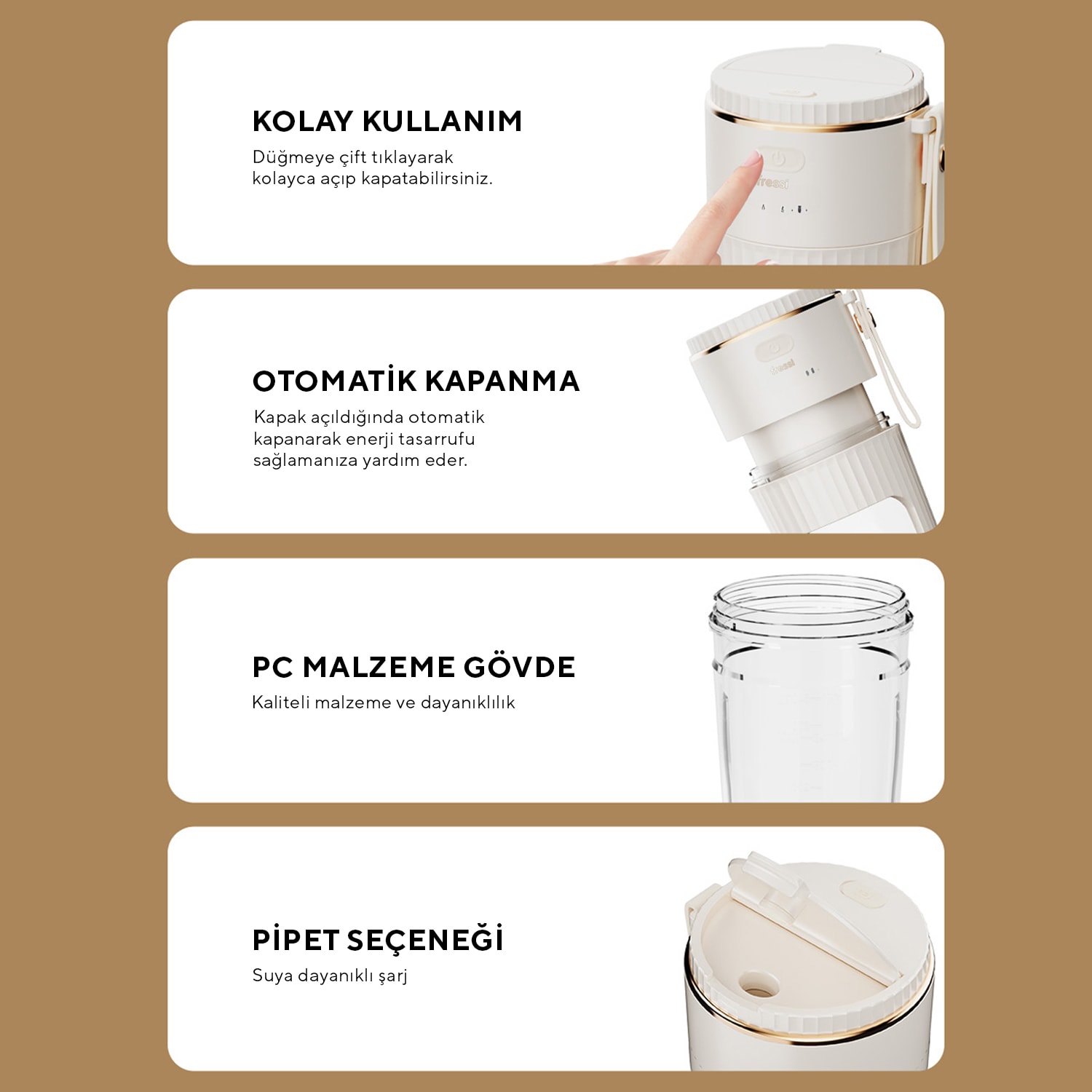 FR-BL0318 Taşınabilir Şarjlı 80 W 350ml Öğütücü Fonksiyonlu Krem Kişisel Smoothie Blender