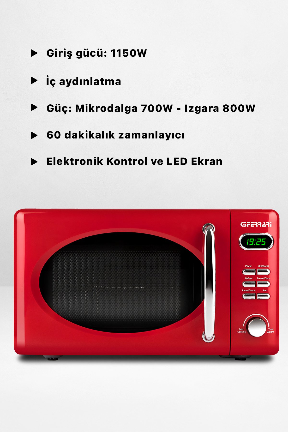 G3ferrari G10155 20L Dijital Göstergeli Açık Gri Mikrodalga Fırın