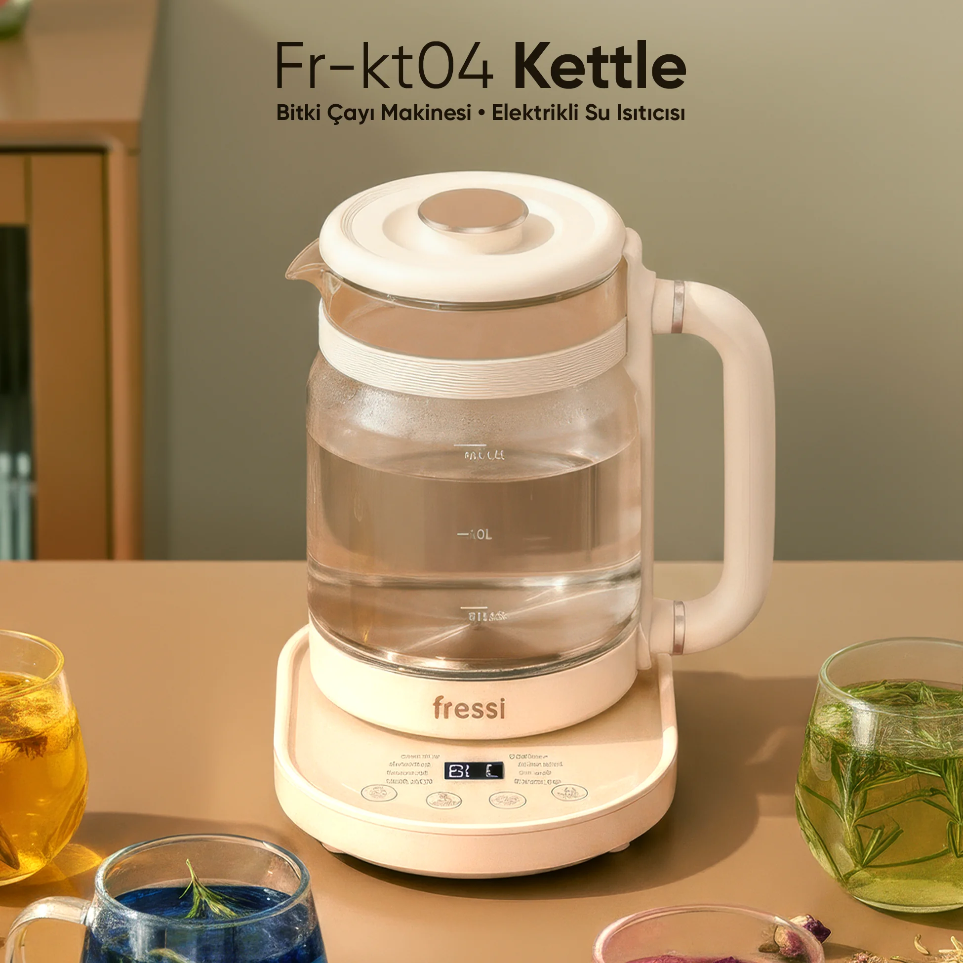 FR-KT04 1,6L 800W Dijital Göstergeli Elektrikli Cam Su Isıtıcısı Kettle Bitki Çayı Makinesi