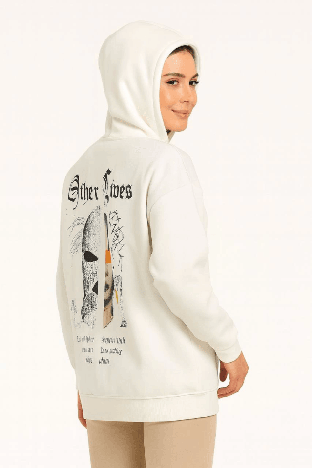 Üç İplik Kapşonlu ön Ve Arka Baskılı SweatShirt Hoodie- Beyaz