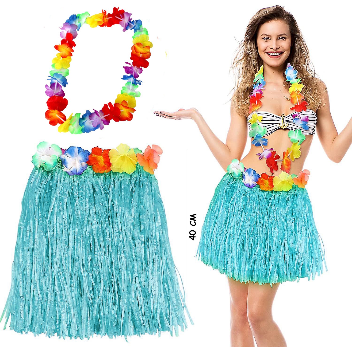 Hawaii Luau Aloha Mavi Püsküllü 40 Cm Etek Ve Hawaii Kolye Seti
