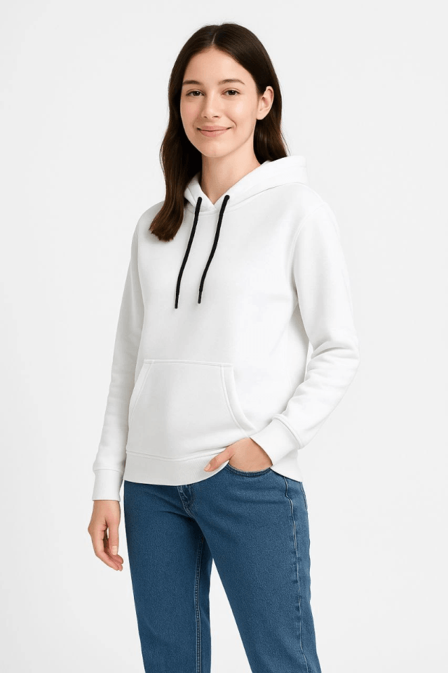 Üç İplik Kapüşonlu Kanguru Çepli SweatShirt Hoodie - Beyaz