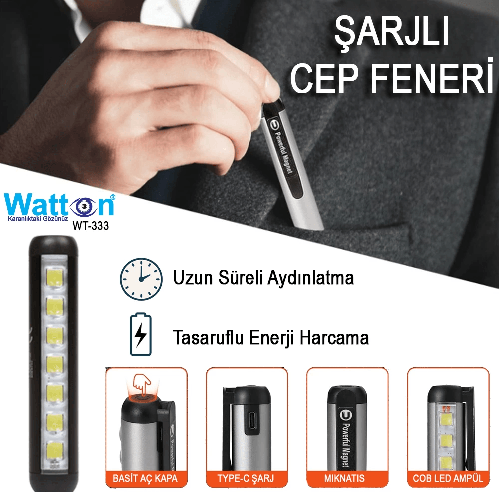 Type-c Girişli Mıknatıslı Şarjlı Cep Feneri  Wt-333