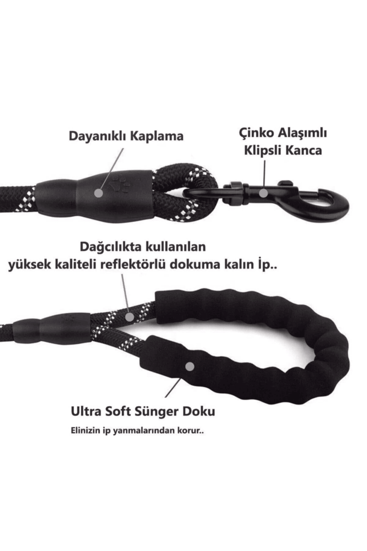 Köpekler İçin Gezdirme Tasması Reflektörlü 130 Cm Halat Orta Ve Büyük Boy Köpekler İçin Siyah