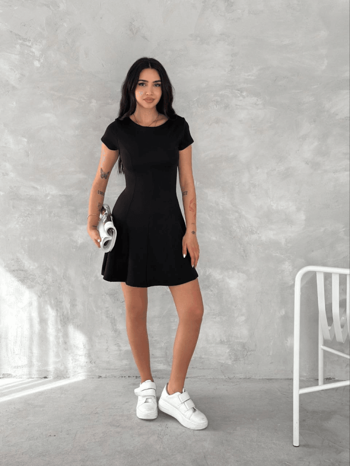 Kısa Kollu Mini Elbise - Siyah
