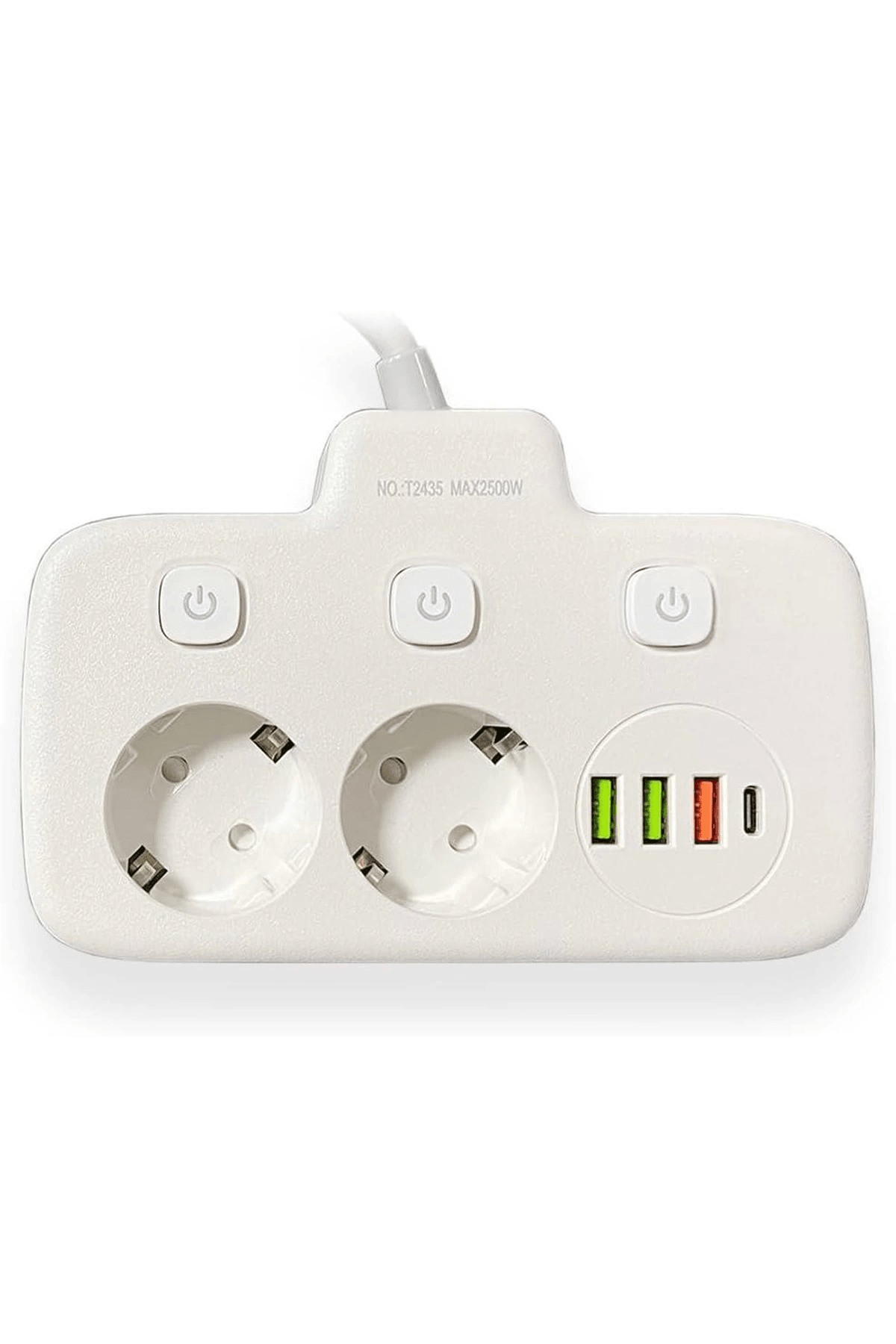 Akım Korumalı 2’li Ayrı Anahtarlı Priz, 2x Priz, 3x Usb, 1x Type-c, 2 Mt Kablo, Hızlı Şarj
