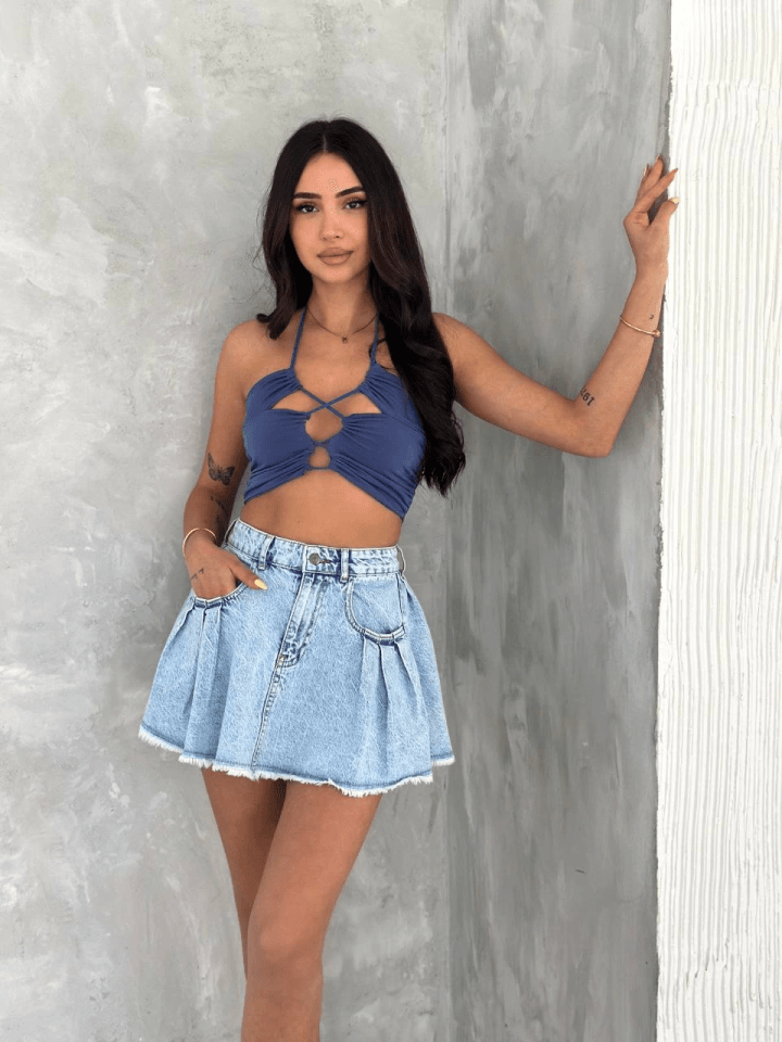 Kot Jeans Kesimetrik Kesim Cepli Şortlu Etek - Mavi