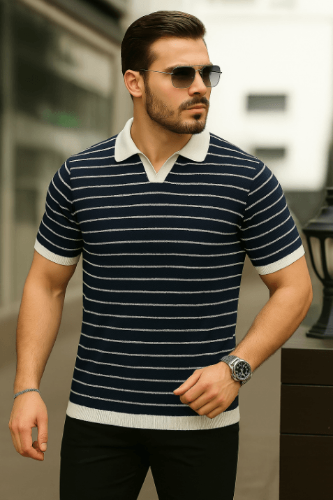 Erkek Kısa Kollu çizgi Desenli örme Kumaş Tshirt