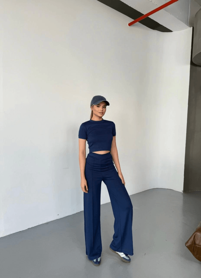 Osy Modal Yumuşak Dokulu Kumaş Kısa Kollu Crop Rahat Pantalon Ikili Takım - Lacivert