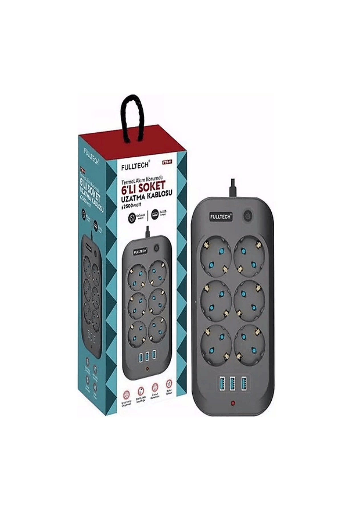 Termal Akım Korumalı, Çocuk Korumalı, 6’lı 2 Mt Uzatma Kablosu 6 X Priz, 3 X Usb