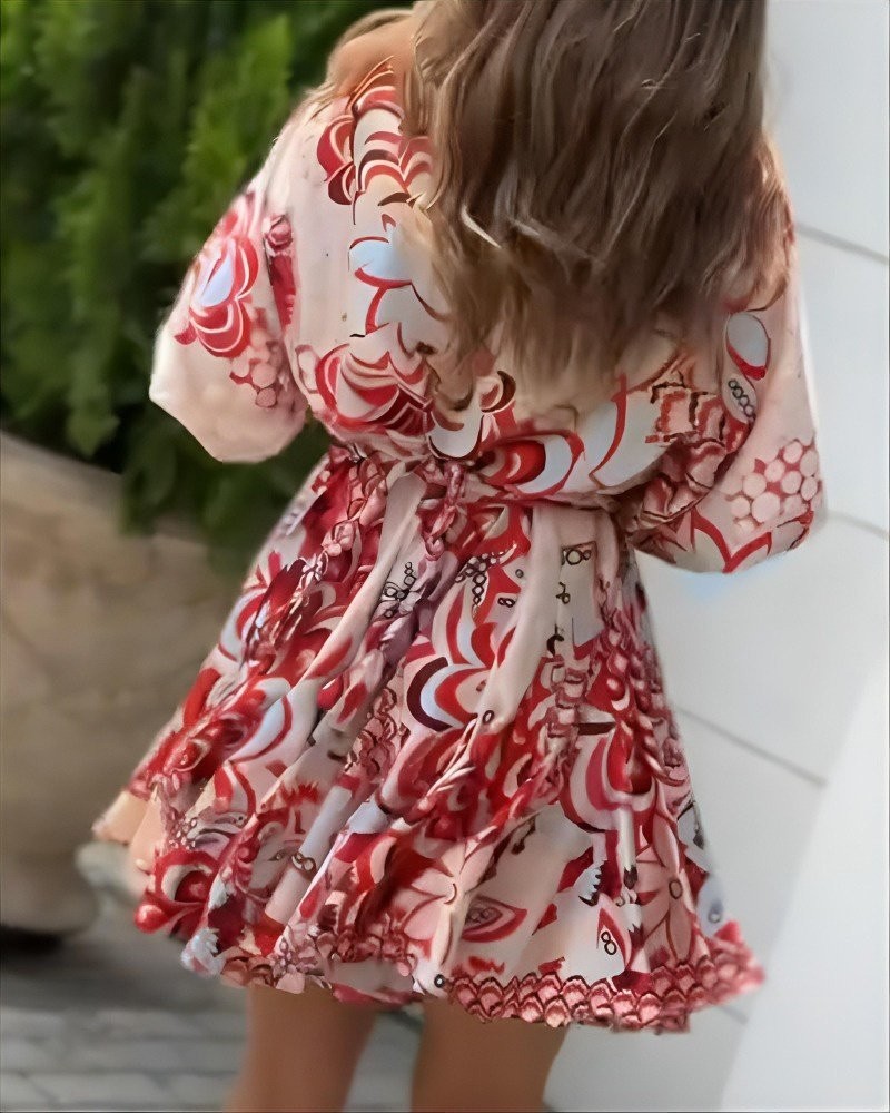 Kadın Kısa Balon Kollu Yuvarlak Yakalı Pileli Desenli Mini Elbise
