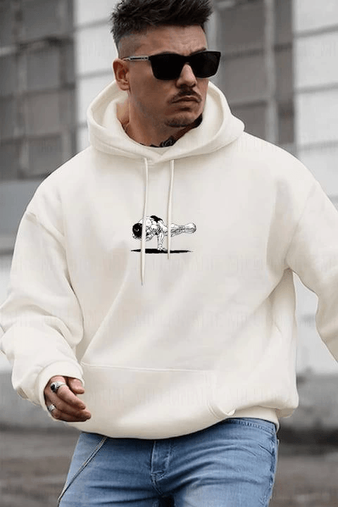 Erkek Baskılı Kapüşonlu Ve Kordon İpli Sweat - Beyaz