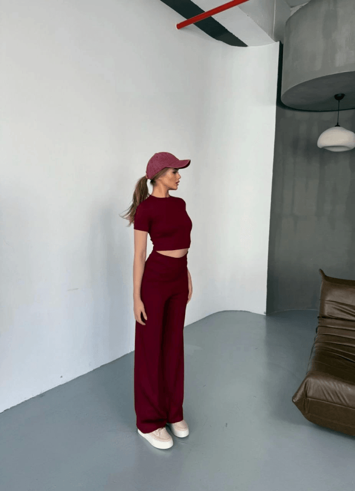 Osy Modal Yumuşak Dokulu Kumaş Kısa Kollu Crop Rahat Pantalon Ikili Takım - Bordo