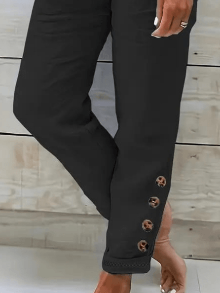 Kadın Yüksek Bel Lastikli Yandan Düğmeli Ithal Keten Pantolon