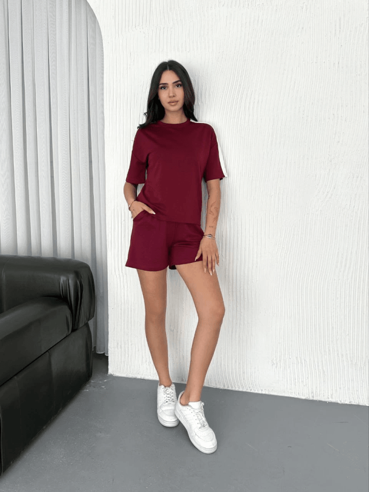 Osy Modal Yumuşak Dokulu Kumaş Parçalı Bisiklet Yaka T-shirt Kısa Şort İkili Takım -  Bordo