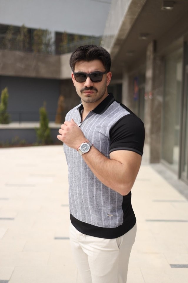Erkek Polo Yaka Fermuar Detaylı Çizgili Tişört