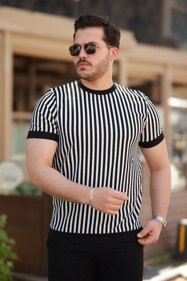 Erkek Siyah Beyaz örme Pamuklu Kumaş Kısa Kollu T-shirt