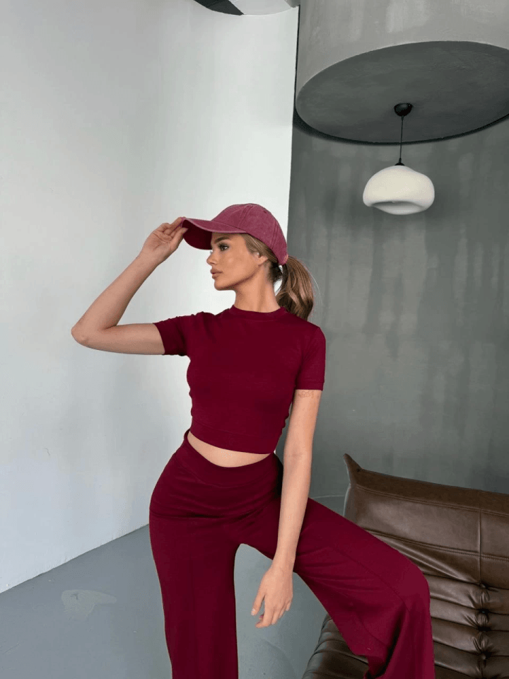 Osy Modal Yumuşak Dokulu Kumaş Kısa Kollu Crop Rahat Pantalon Ikili Takım - Bordo